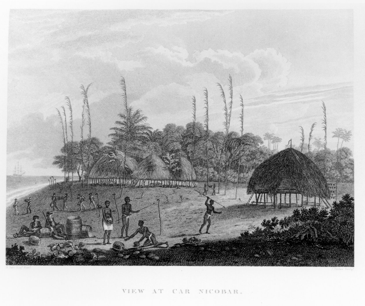 Marynarze zbierający zapasy w Car Nicobar, z Voyages and Travels to India, Cejlon, The Red Sea... George, wicehrabia Valentia, opublikowany w 1809 r. autorstwa English School