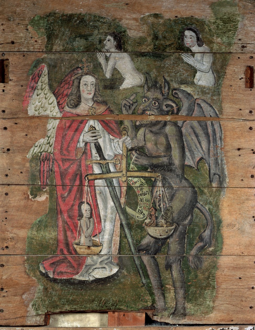 Święty Michał i Diabeł, z Zagłady Wenhaston, ok.1500-20 (drewno malowane) autorstwa English School