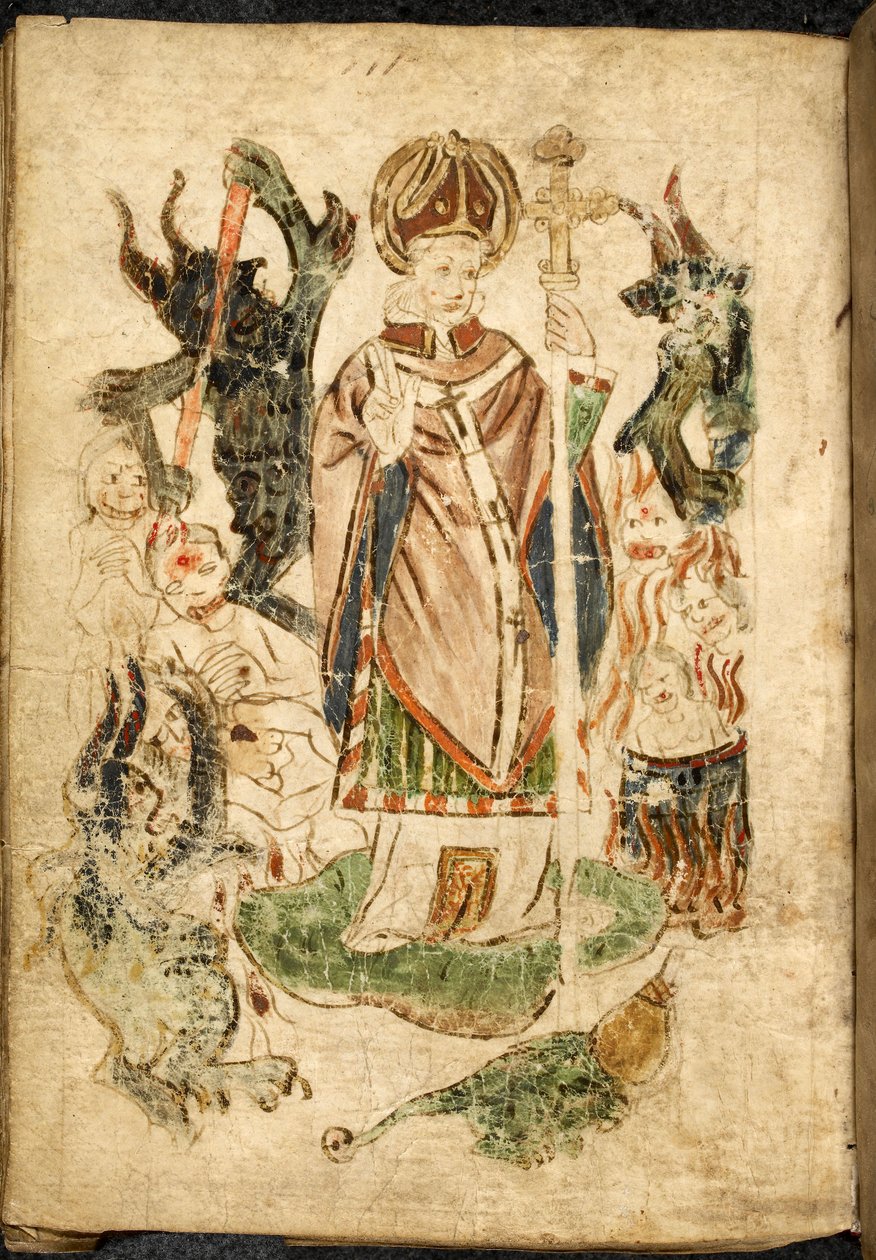 Św. Patryk w stroju biskupim, trzymający krucyfiks i czyniący gest błogosławieństwa, stoi na wyspie Lough Derg w Donegal (Irlandia), otoczony demonami i udręczonymi duszami. Zdjęcie zaczerpnięte z „Czyściec św. Patryka”, angielski rękopis, m autorstwa English School