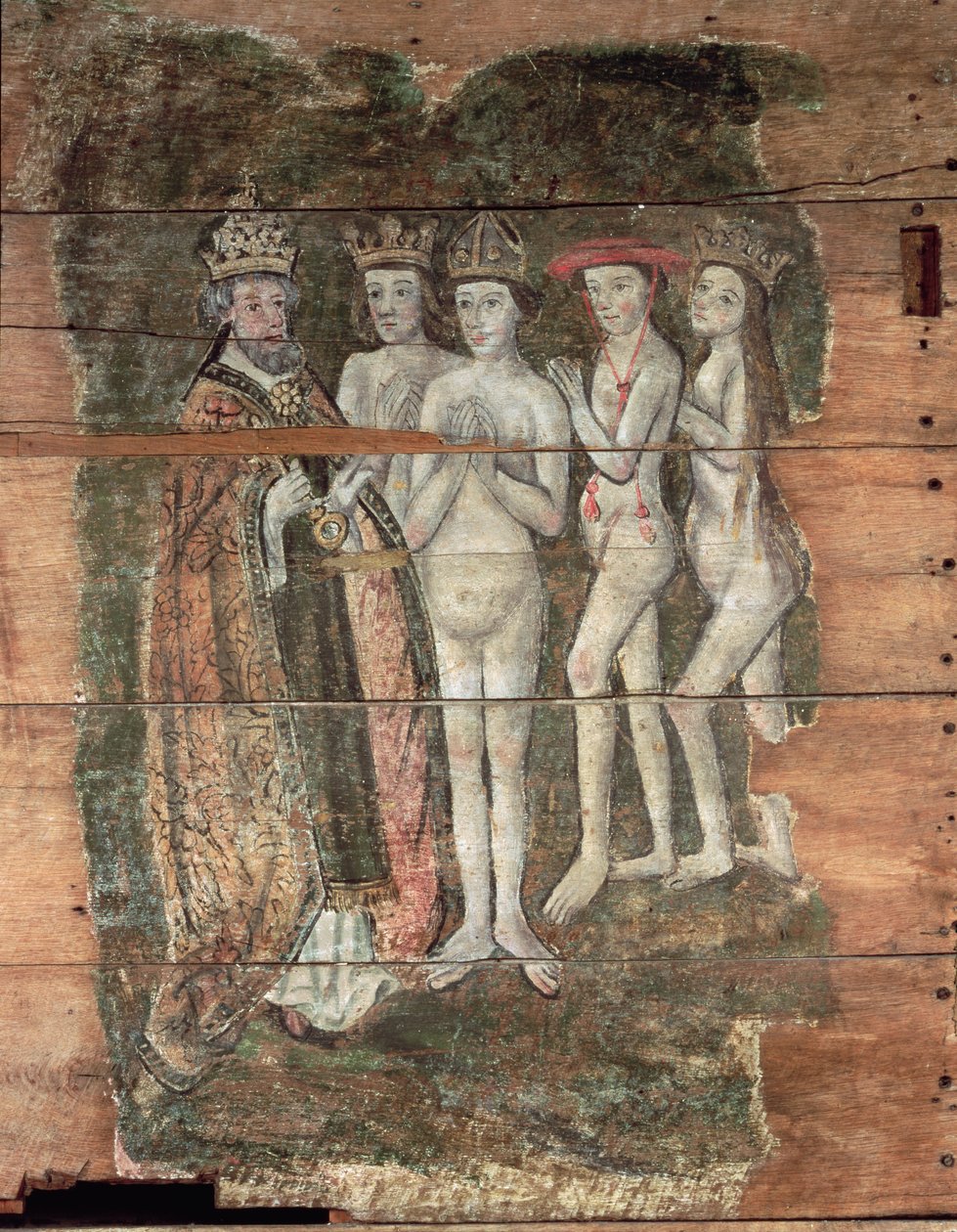 Święty Piotr otrzymujący szlachtę, z Wenhaston Doom, ok.1500-20 (drewno malowane) autorstwa English School