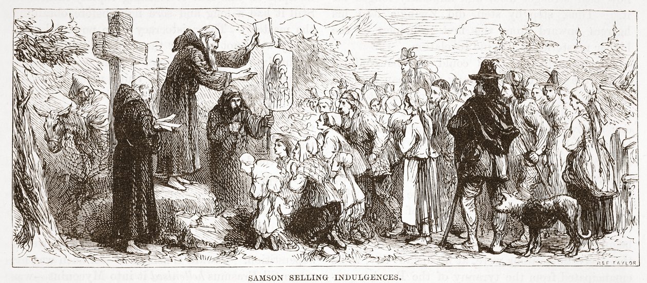 Samson Selling Indulgences, ilustracja z Historii protestantyzmu Jamesa Aitkena Wylie (1808-1890), wyd. 1878 autorstwa English School