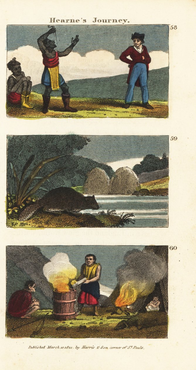 Samuel Hearne ogląda indiańskiego połykacza miecza 58, północnoamerykańskiego bobra, Castor canadensis 59 i Indian gotujących wodę w drewnianej beczce z gorącymi kamieniami 60 autorstwa English School