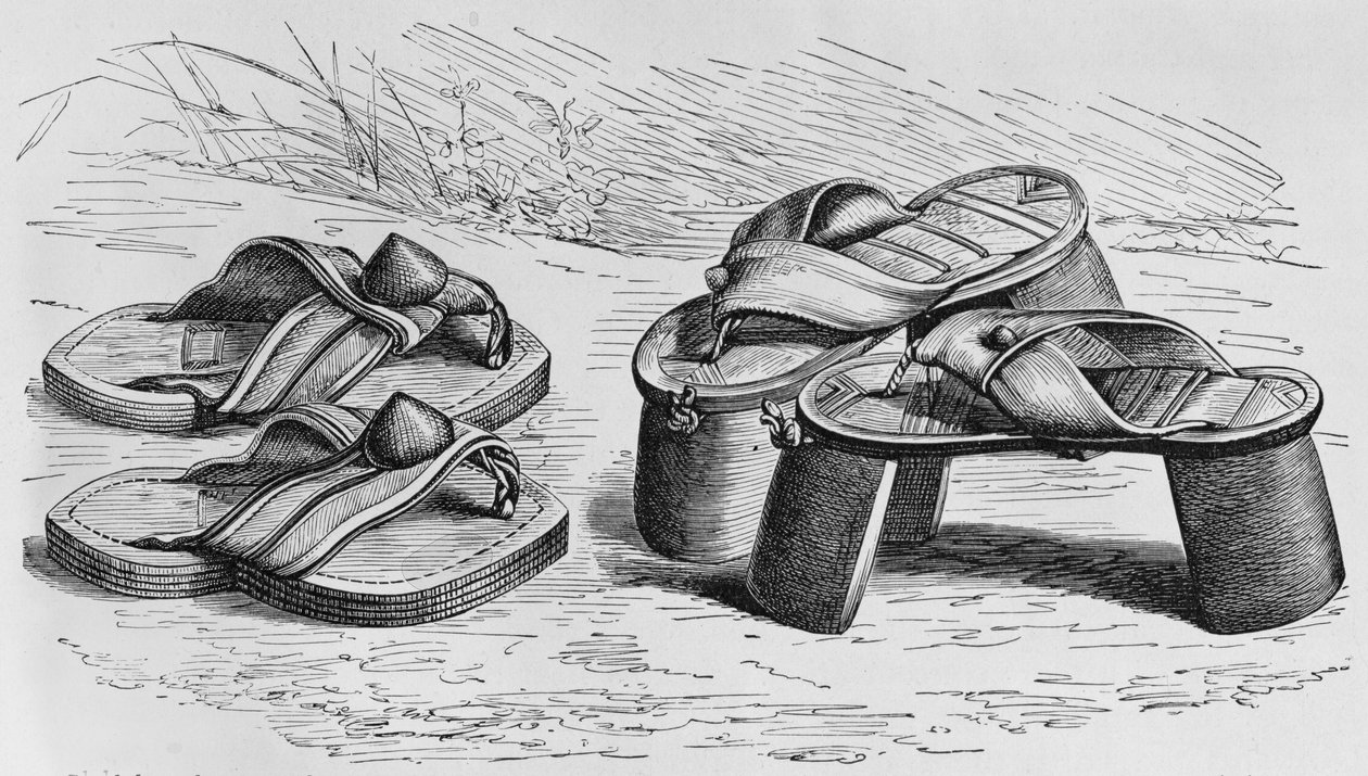 Sandały i wzory z Zachodniego Sudanu, prawdopodobnie Mandingo, z „Historii ludzkości”, tom III, autorstwa prof. Friedricha Ratzela, 1898 autorstwa English School