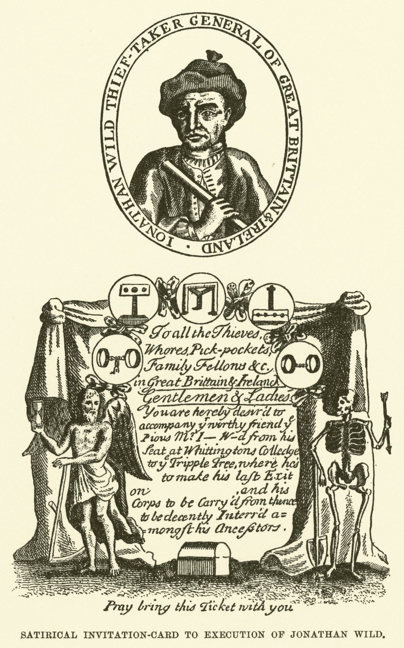 Satyryczne zaproszenie na egzekucję Jonathana Wilda (grawerunek) autorstwa English School