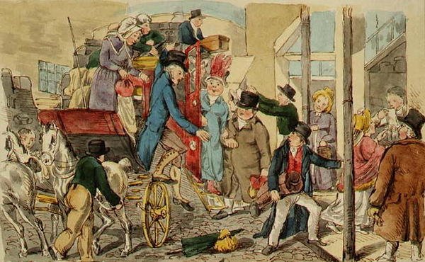 Scena na podwórku zajazdu, Przybycie autokaru, ok. 1820 (pióro i atrament oraz akwarela na papierze) autorstwa English School