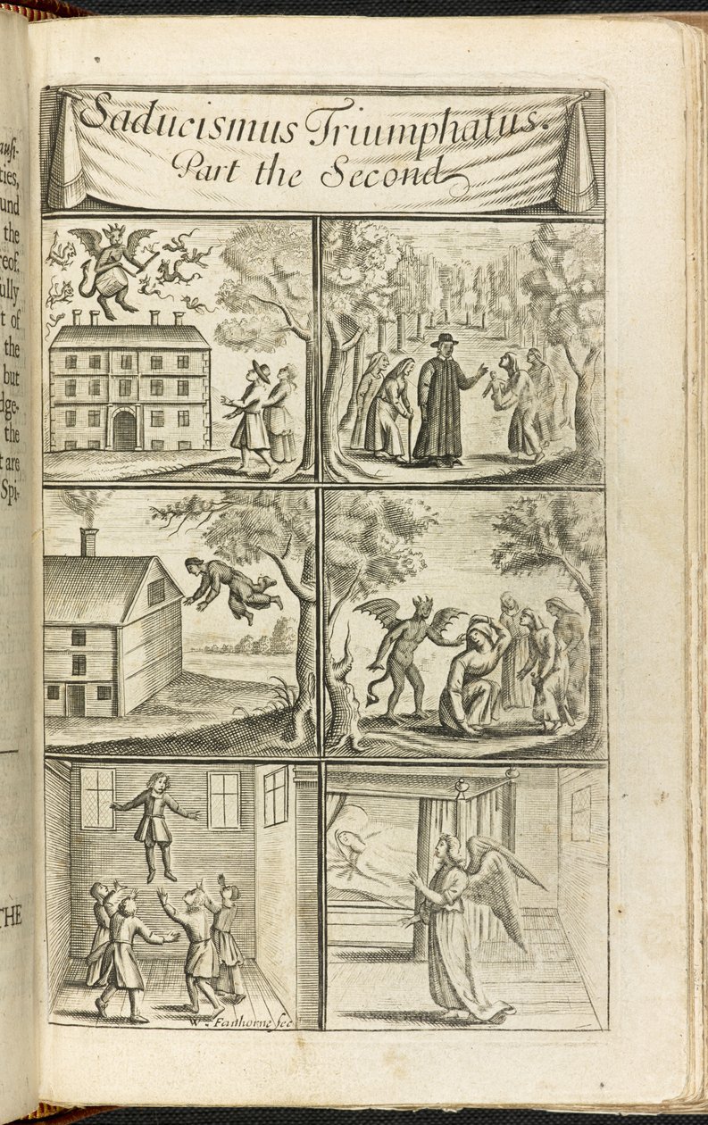Sceny lewitacji i czynności związane z czarownicami i demonami z „Saducismus Triumphatus” autorstwa English School