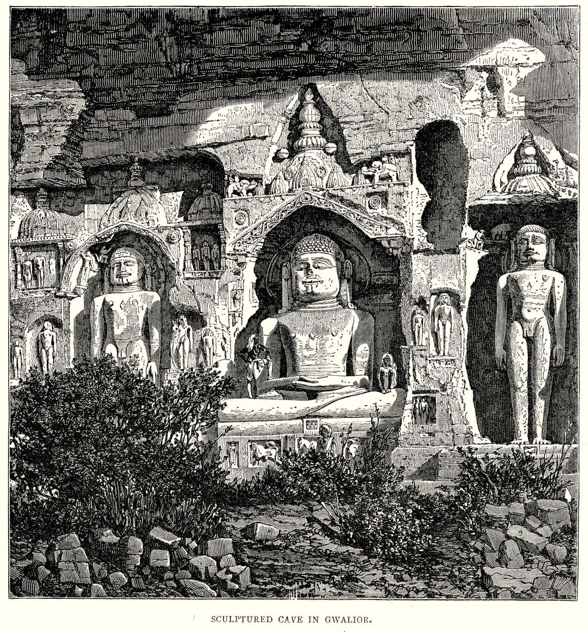 Rzeźbiona jaskinia w Gwalior (rycina) autorstwa English School