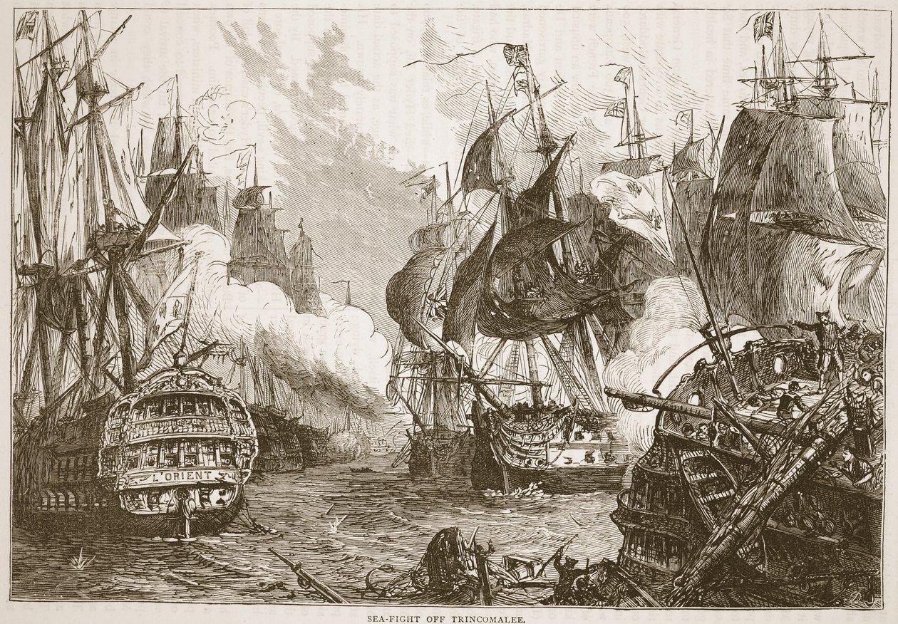 Seafight off Trincomalee, ilustracja z Cassells Illustrated History of India autorstwa Jamesa Granta, wyd. 1879 autorstwa English School