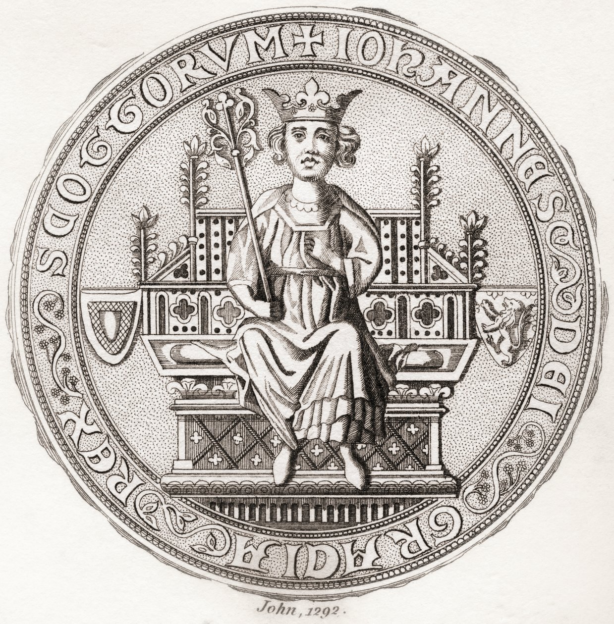 Pieczęć Johna Balliola, ok. 1249 1314, aka Toom Tabard, Szkoci dla „pustego płaszcza”, króla Szkotów. Z Iconographia Scotica lub Portraits of Illustrious Persons of Scotland, opublikowane 1797. autorstwa English School