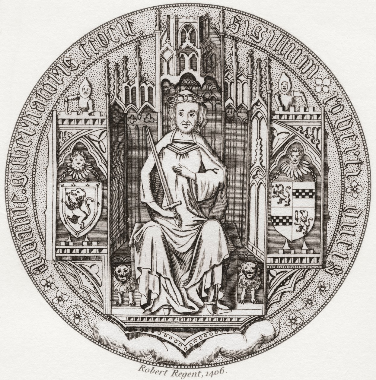 Pieczęć Roberta Stewarta, księcia Albany, ok. 1340 1420. Członek szkockiego domu królewskiego, regent, gubernator Szkocji, Książę Albany, hrabia Fife i Menteith. Z Iconographia Scotica lub Portraits of Illustrious Persons of Scotland, opublikowane 1797. autorstwa English School