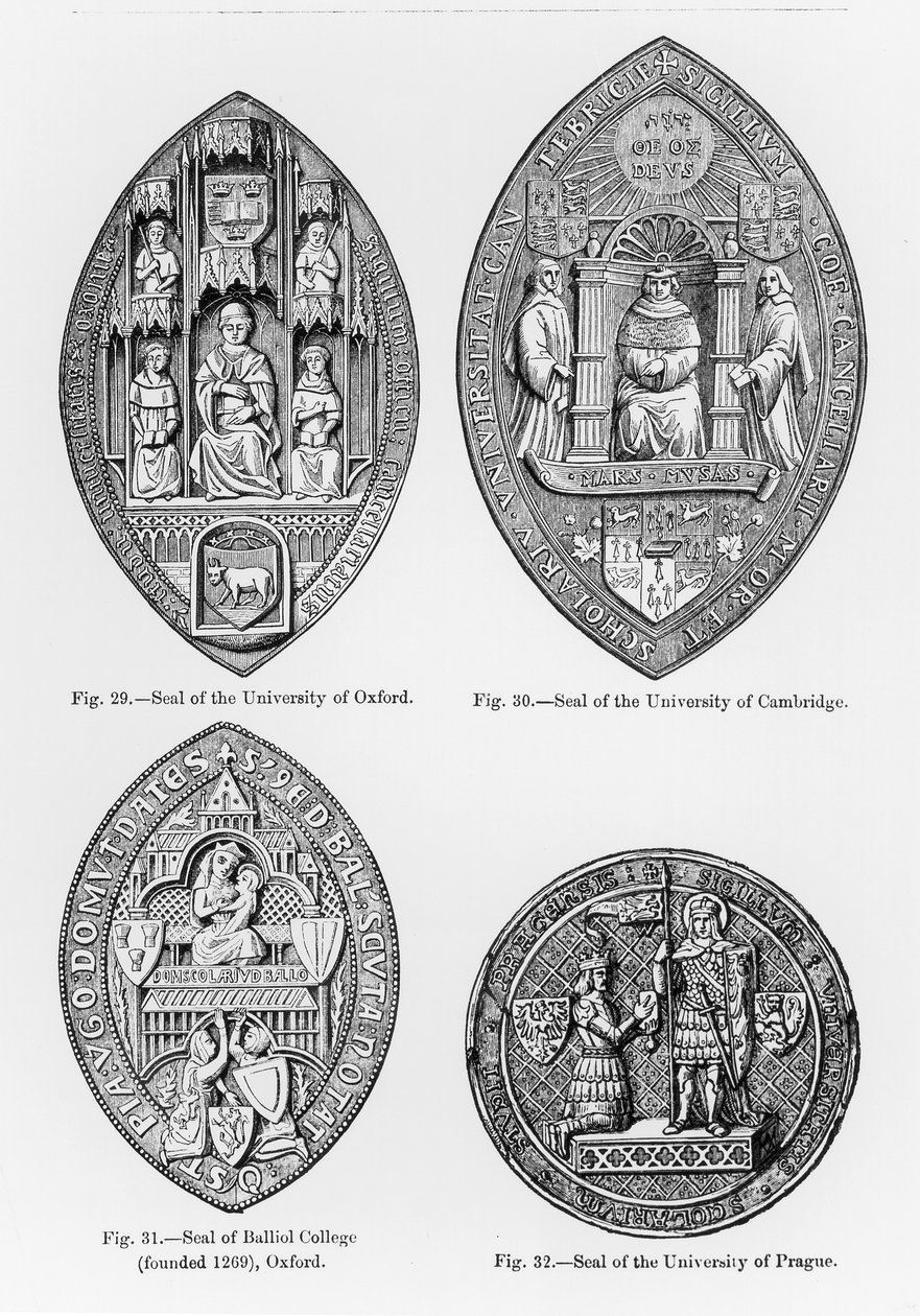 Pieczęcie Uniwersytetu Oksfordzkiego, Cambridge, Balliol College, Oksfordu i Uniwersytetu Praskiego, ilustracja z Nauki i literatury średniowiecza i renesansu, autorstwa Paula Lacroix autorstwa English School