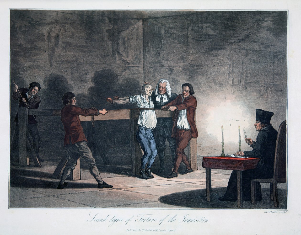 Drugi stopień tortur Inkwizycji, wyryty przez L.C. Stadler, wyd. Cadell & Davies, Londyn, ok. 1813 (kolorowy grawer) autorstwa English School