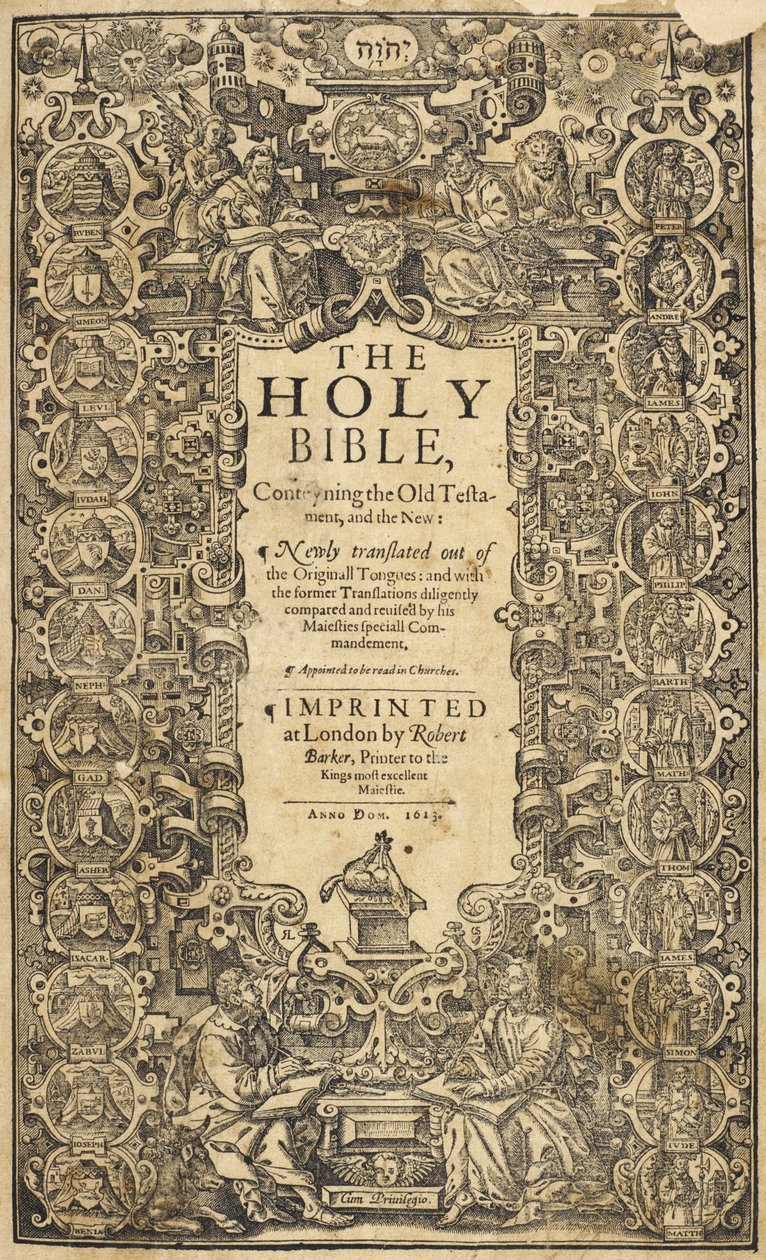 Drugie wydanie folio tak zwanej Biblii Króla Jakuba, „Biblia Święta nowo przetłumaczona z oryginalnych języków wyznaczonych do czytania w kościołach BL” autorstwa English School