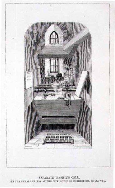Oddzielna pralnia w więzieniu dla kobiet w City House of Correction, Holloway, z „The Criminal Prisons of London and Scenes of Prison Life” autorstwa English School