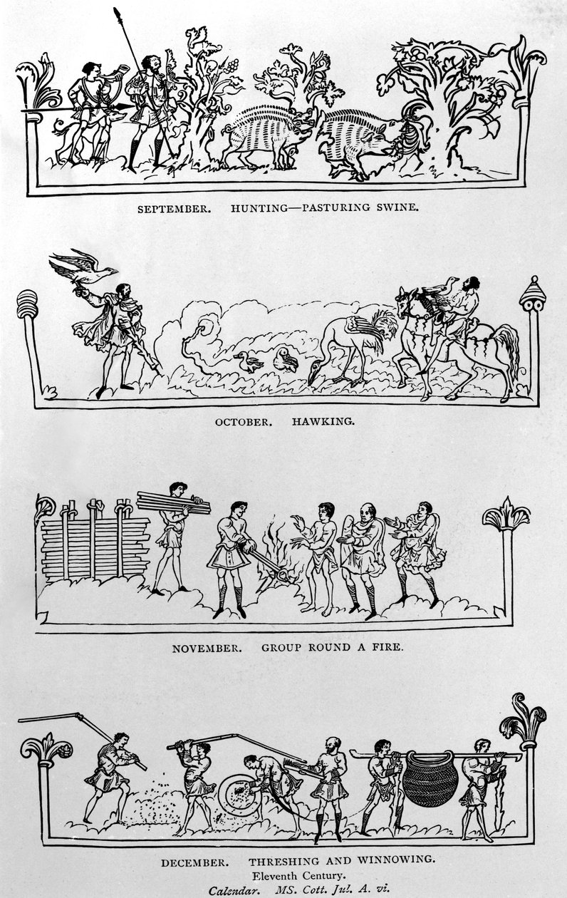 wrzesień, październik, listopad i grudzień, z „Kalendarza Juliusza i hymna”, ilustracja z „Historii ludu angielskiego” autorstwa English School