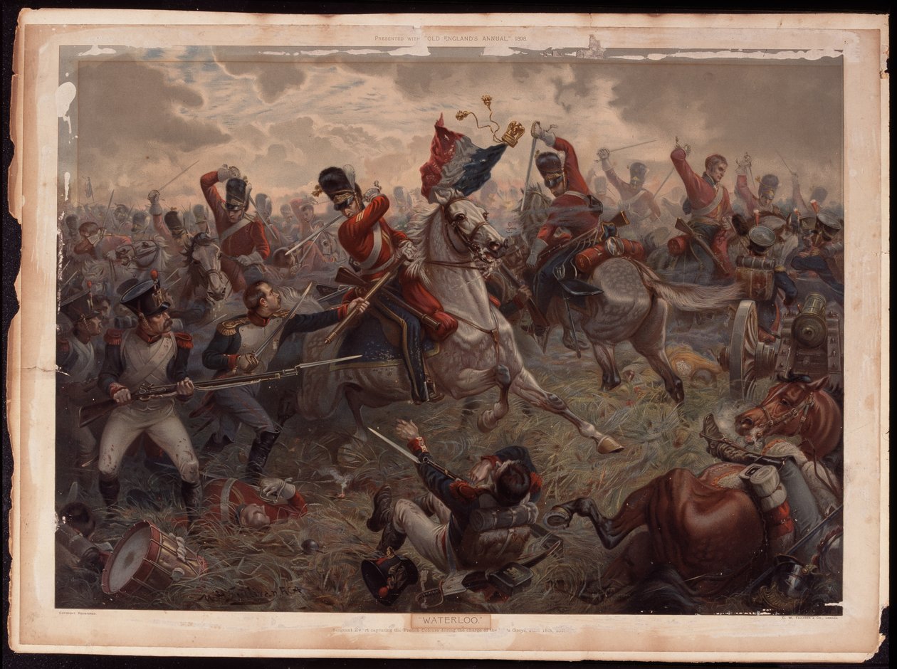 Sierżant Evert zdobywa francuskie barwy podczas szarży szkockich szarych w bitwie pod Waterloo, 18 czerwca 1815, c.1908 autorstwa English School