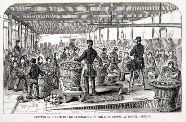 Porcja kolacji w pokoju Oakum w więzieniu dla chłopców w Tothill Fields, z „The Criminal Prisons of London and Scenes of Prison Life” Henry