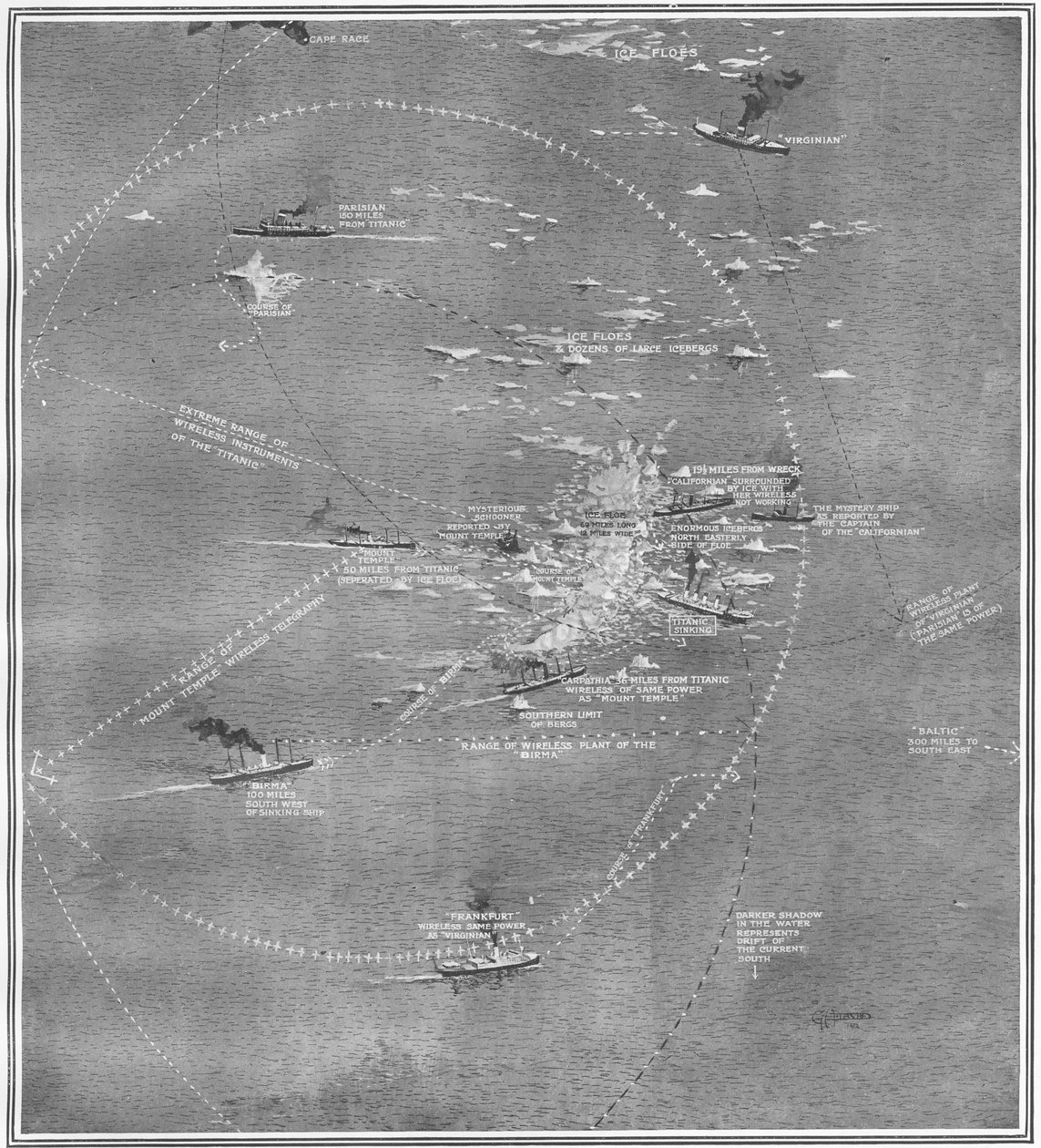 Statki, które mogłyby uratować wszystkich na Titanicu, gdyby wydarzenia były tylko trochę inne, z „Sfery”, 4 maja 1912 r. (lito) (detal 450845) autorstwa English School