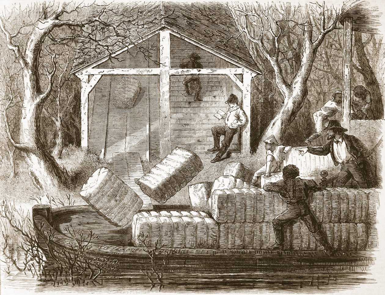 Strzelanie belami Cottina do dziobowej części parowca rzecznego Magnolia, ilustracja z The Illustrated London News, 1861 autorstwa English School