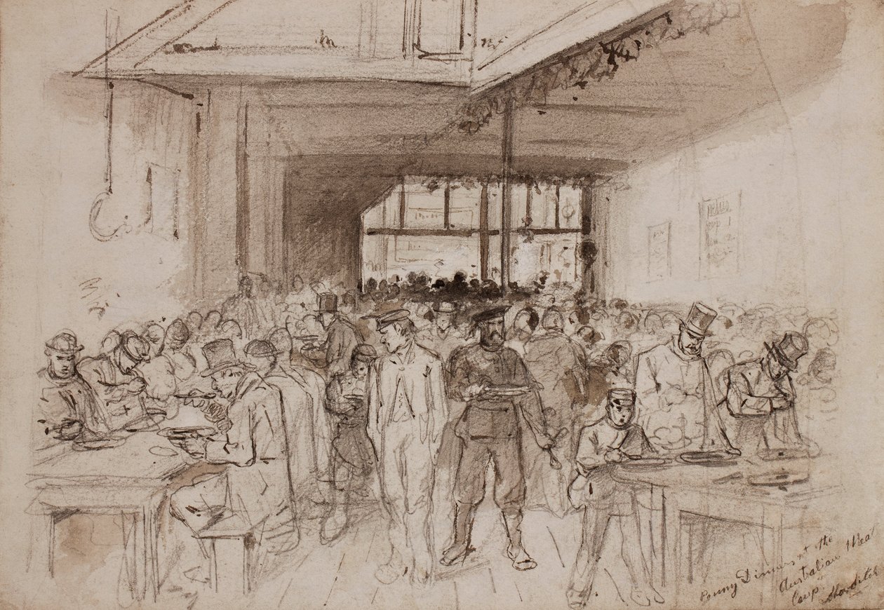 Shoreditch, obiad Penny w Australian Meat Company, ok. 1860 (ołówek, tusz i pranie na papierze) autorstwa English School
