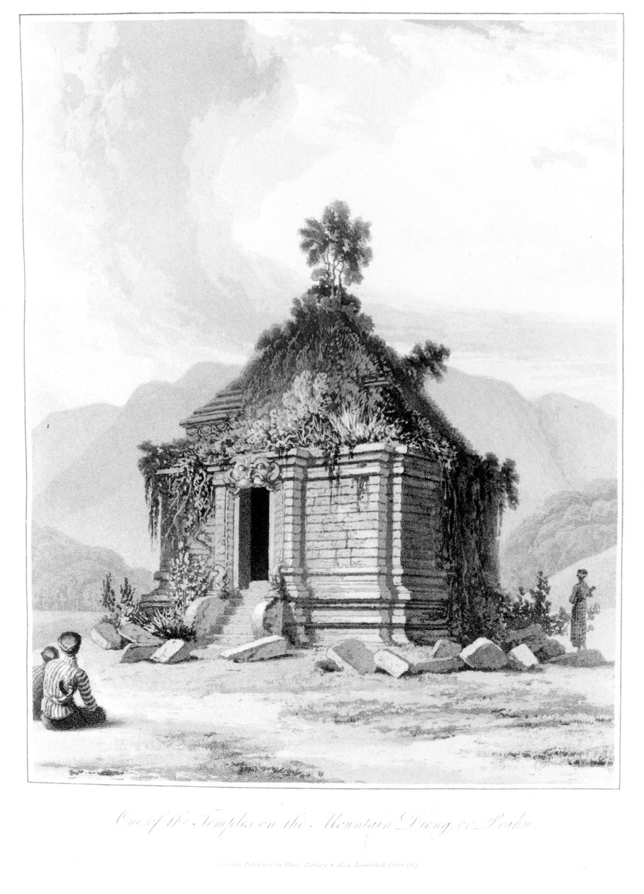 Świątynia na Górze Dieng lub Prahu w środkowej Jawie, z Historii Jawy, tom 2, opublikowana w 1817 r. autorstwa English School