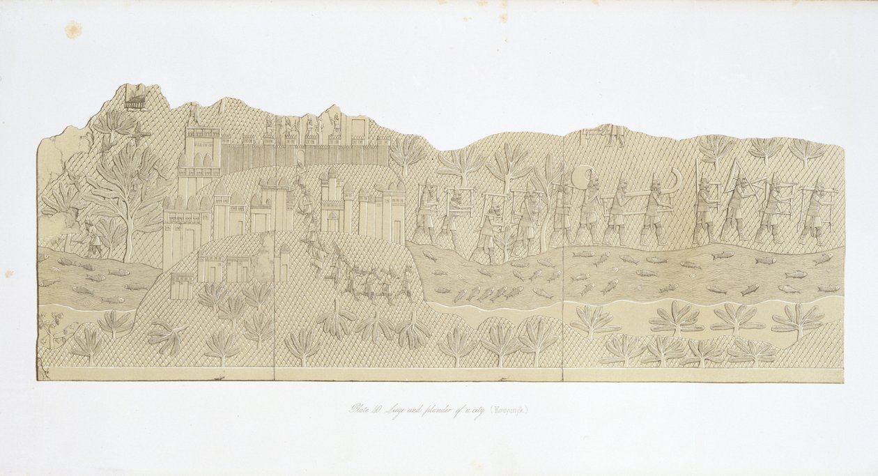 Oblężenie i plądrowanie miasta, Koujunjik, tablica 40 z Niniwy i jej pozostałości, Austen Henry Layard (1817-94) opublikowana w 1849 r. autorstwa English School