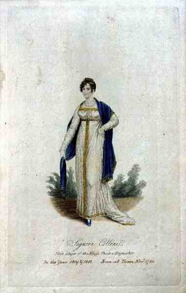 Signora Collini (ur.1784), pierwsza piosenkarka Teatru Królewskiego, Haymarket w 1809 i 1810 (kolorowe grawerowanie) autorstwa English School