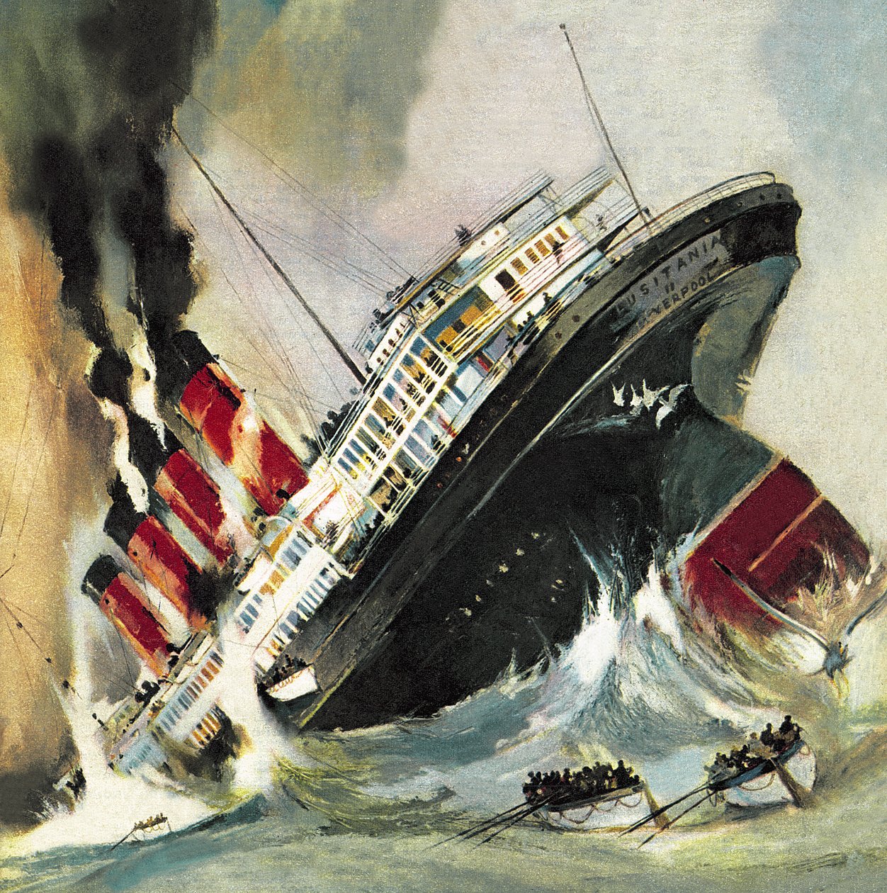 Zatonięcie statku Lusitania w maju 1915 r. (litografia) autorstwa English School