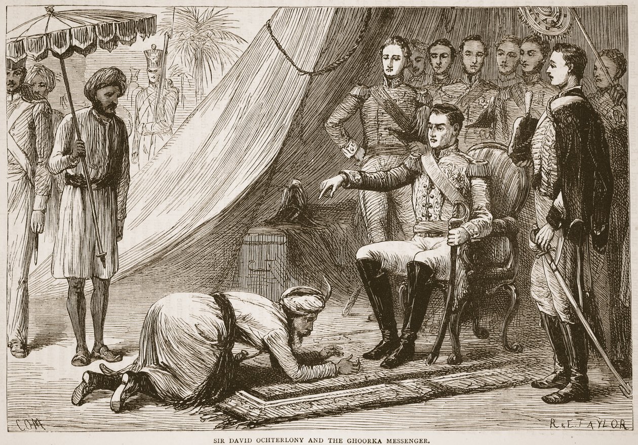 Sir David Ochterlony i posłaniec Ghurka, ilustracja z Ilustrowanej Historii Indii Cassella autorstwa Jamesa Granta, wyd. 1879 autorstwa English School