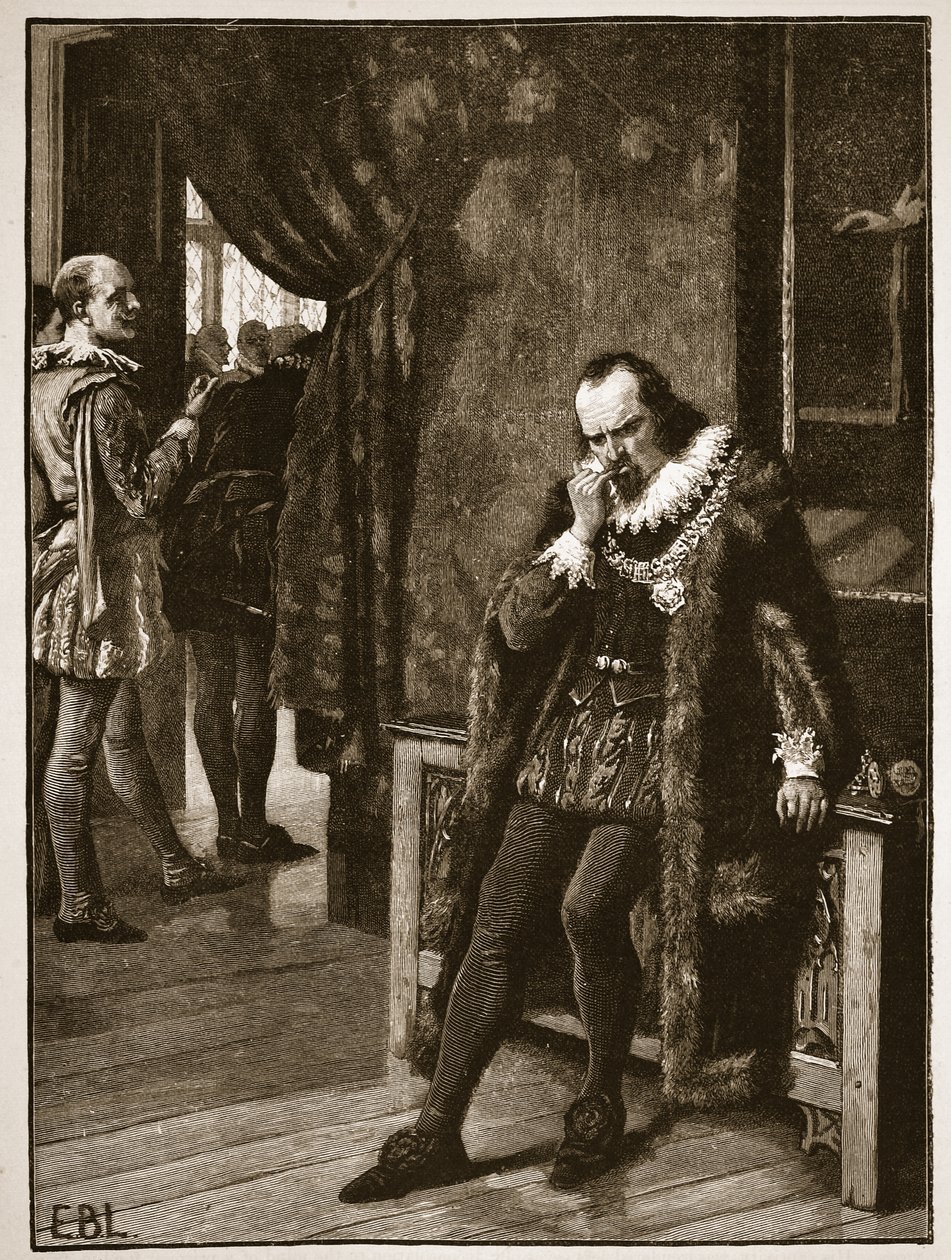 Sir Francis Bacon czeka na audiencję w Buckingham, ilustracja z Cassells Illustrated History of England (zdjęcie w sepii) autorstwa English School