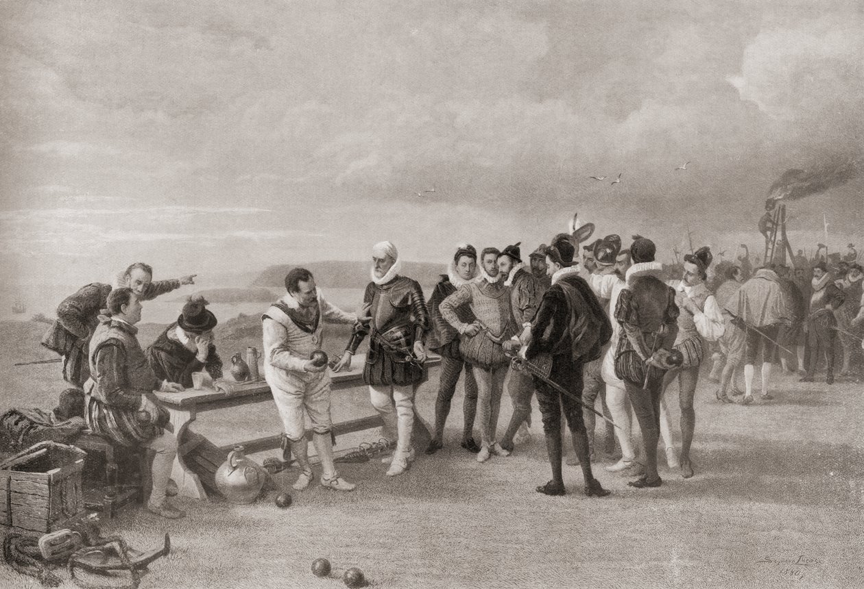 Sir Francis Drake grający w kręgle z hiszpańską Armadą w zasięgu wzroku w Plymouth Hoe w Anglii w 1588 roku. autorstwa English School