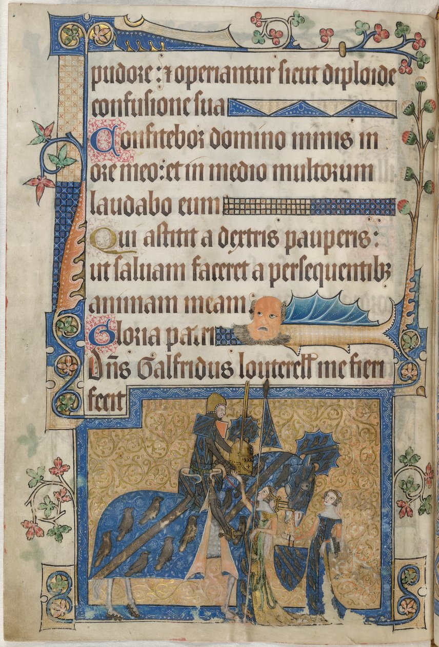 Sir Geoffrey Luttrell na koniu z „Psałterza Luttrell”, c.1325-35 (welum) autorstwa English School