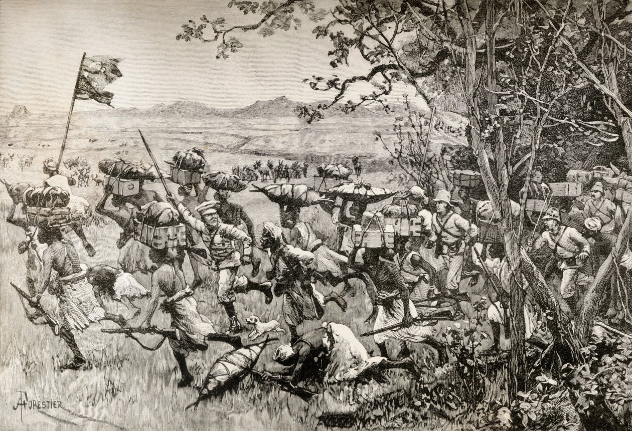 Sir Henry Morton Stanley i jego ludzie w końcu wyszli z lasu na łąkę w 1887 roku, podczas wyprawy ratunkowej Emina Paszy w Afryce. autorstwa English School