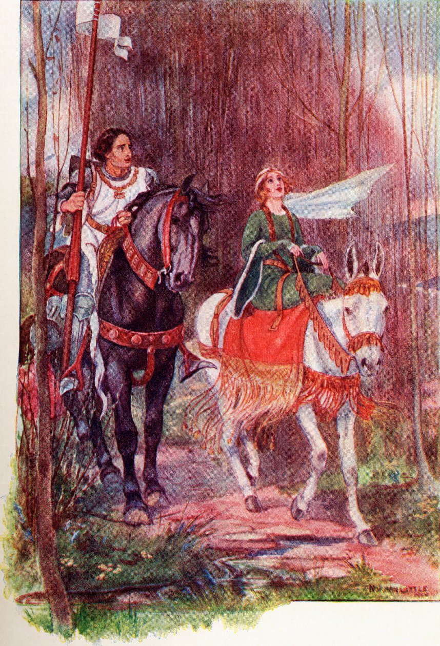 Sir Lancelot i królowa Ginewra. Kolorowa ilustracja z książki The Gateway to Tennyson wydanej w 1910 roku. autorstwa English School