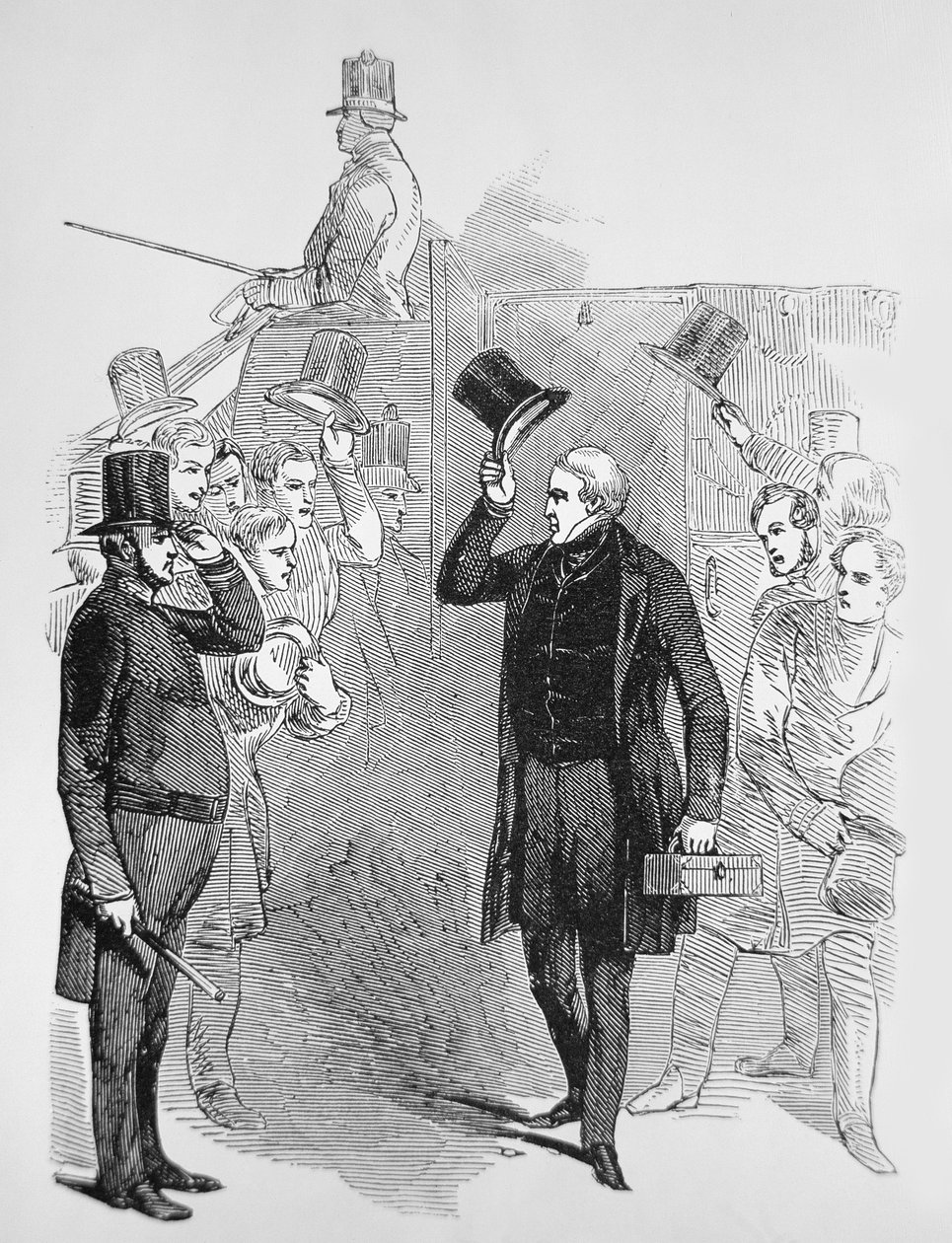 Sir Robert Peel przybywający do Izby Gmin, pozdrawiany przez „Peelera” (grawerowanie) autorstwa English School