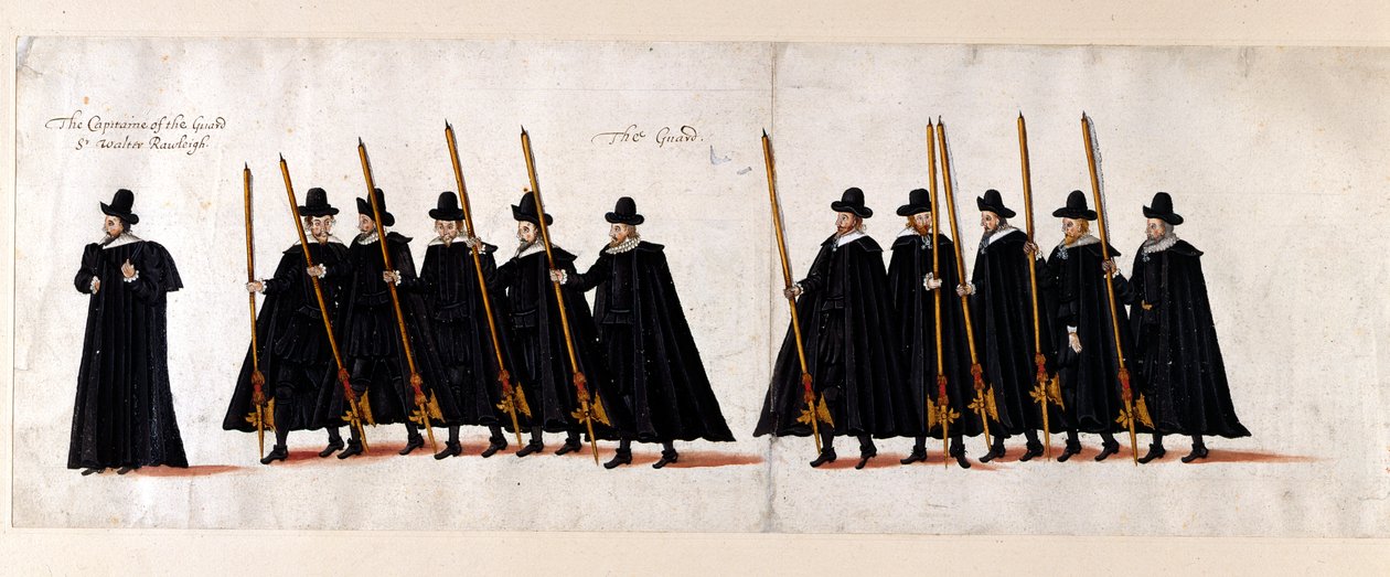 Sir Walter Raleigh, kapitan Gwardii i Gwardii. Część konduktu pogrzebowego królowej Elżbiety I do Opactwa Westminsterskiego, 28 kwietnia 1603. autorstwa English School