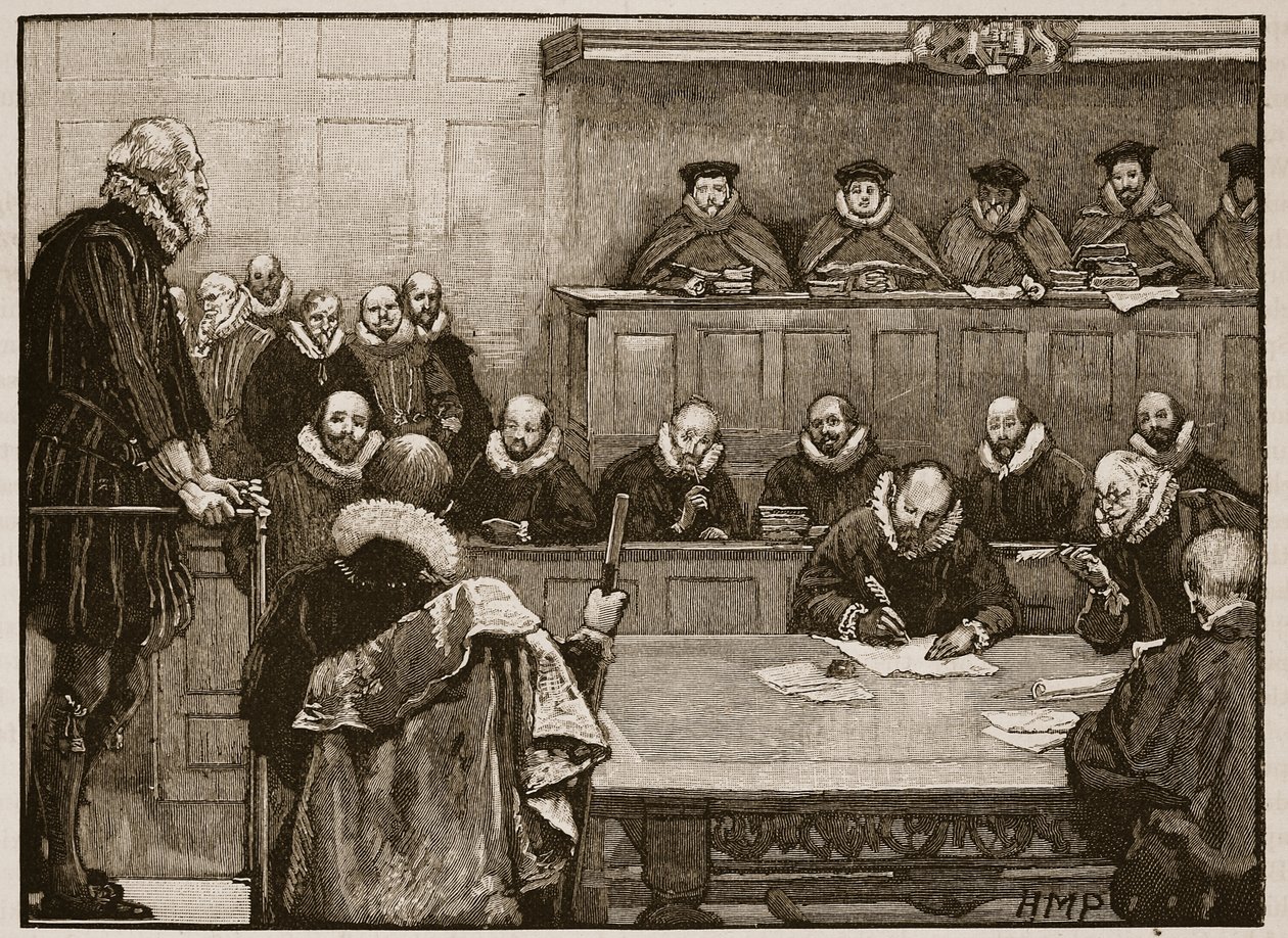 Sir Walter Raleigh przed sędziami, ilustracja z Cassells Illustrated History of England (zdjęcie w sepii) autorstwa English School