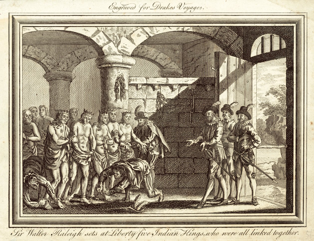 Sir Walter Raleigh uwalnia pięciu indyjskich królów, którzy byli ze sobą połączeni (rycina) autorstwa English School