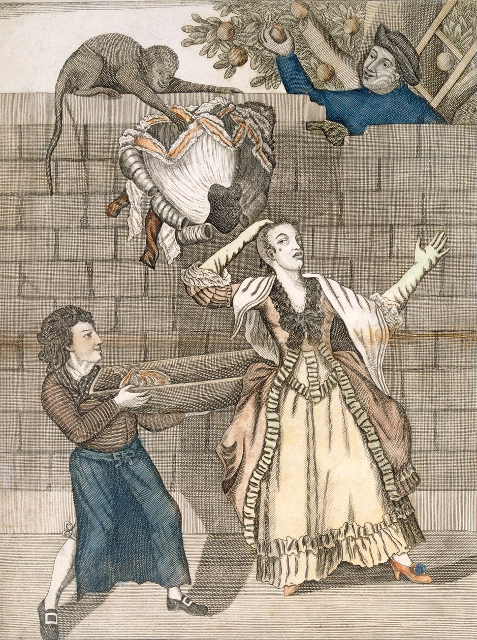 Slight of Hand by a Monkey or the Ladys Head Unloaded, z oryginalnego rysunku autorstwa Grimm, wydrukowanego dla Carington Bowles, London, pub. 1778 autorstwa English School