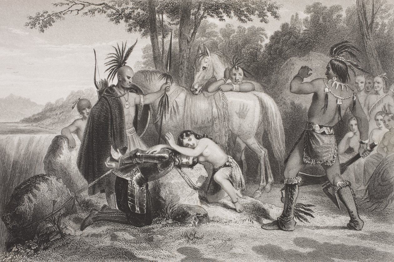 Smith uratowany przez Pocahontas, z "Galerii portretów historycznych", opublikowanej ok. 1880 r. autorstwa English School