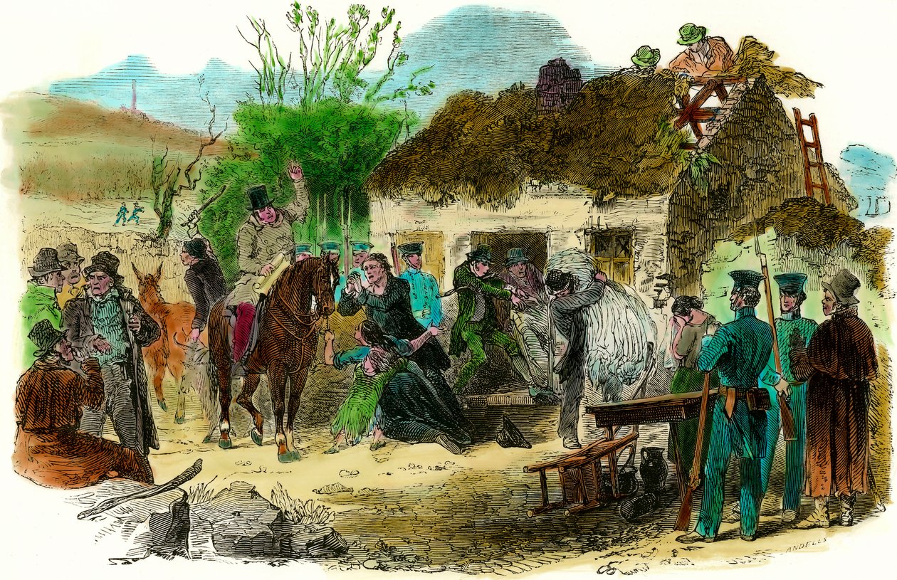 Warunki socjalne w Irlandii w 1848 r. wypędzenie chłopów (ilustracja londyńska wiadomość z dnia 16 grudnia 1848 r.) autorstwa English School