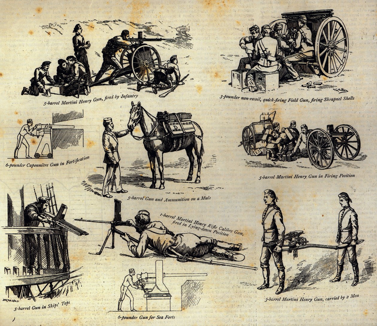 Niektóre odmiany pistoletu Nordenfelt używanego obecnie w armii i marynarce wojennej, z The Graphic, 10 kwietnia 1886 r. autorstwa English School