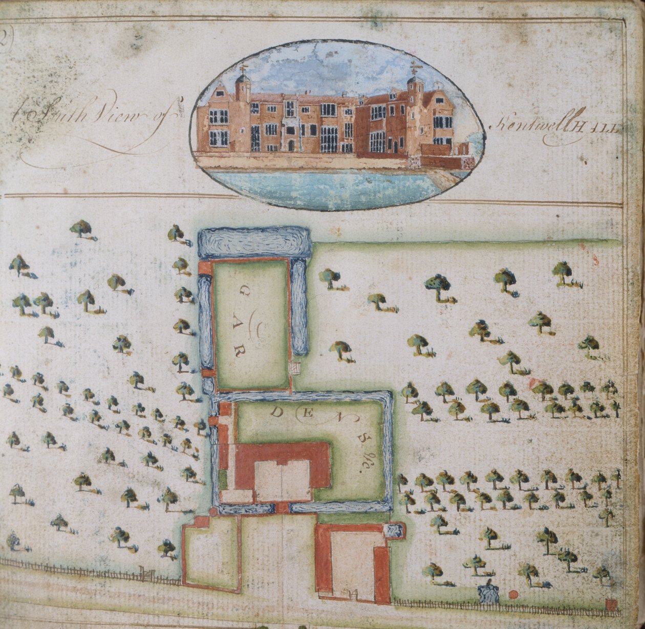 Widok południowy na Kentwell Hall, z badania posiadłości Richarda Moore