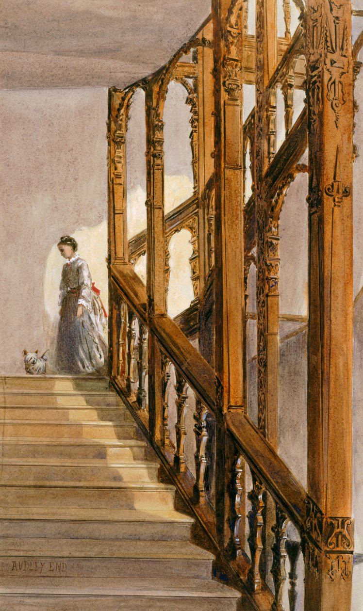 Schody południowe, Audley End House, koniec XIX wieku (akwarela na papierze) autorstwa English School