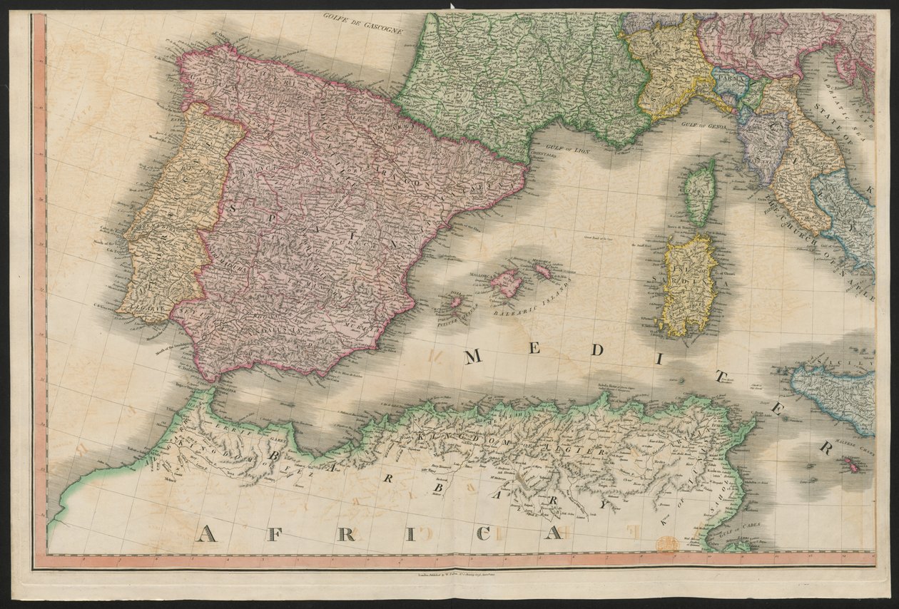 Hiszpania i Portugalia, z Europy, opisujące wszystkie zmiany na Terytorium, wraz z ich odchyleniami w liniach granicznych kilku imperiów i stanów uzgodnionych i potwierdzonych ostatecznym traktatem paryskim 20 listopada 1815 r., opublikowanym w 1816 r. autorstwa English School