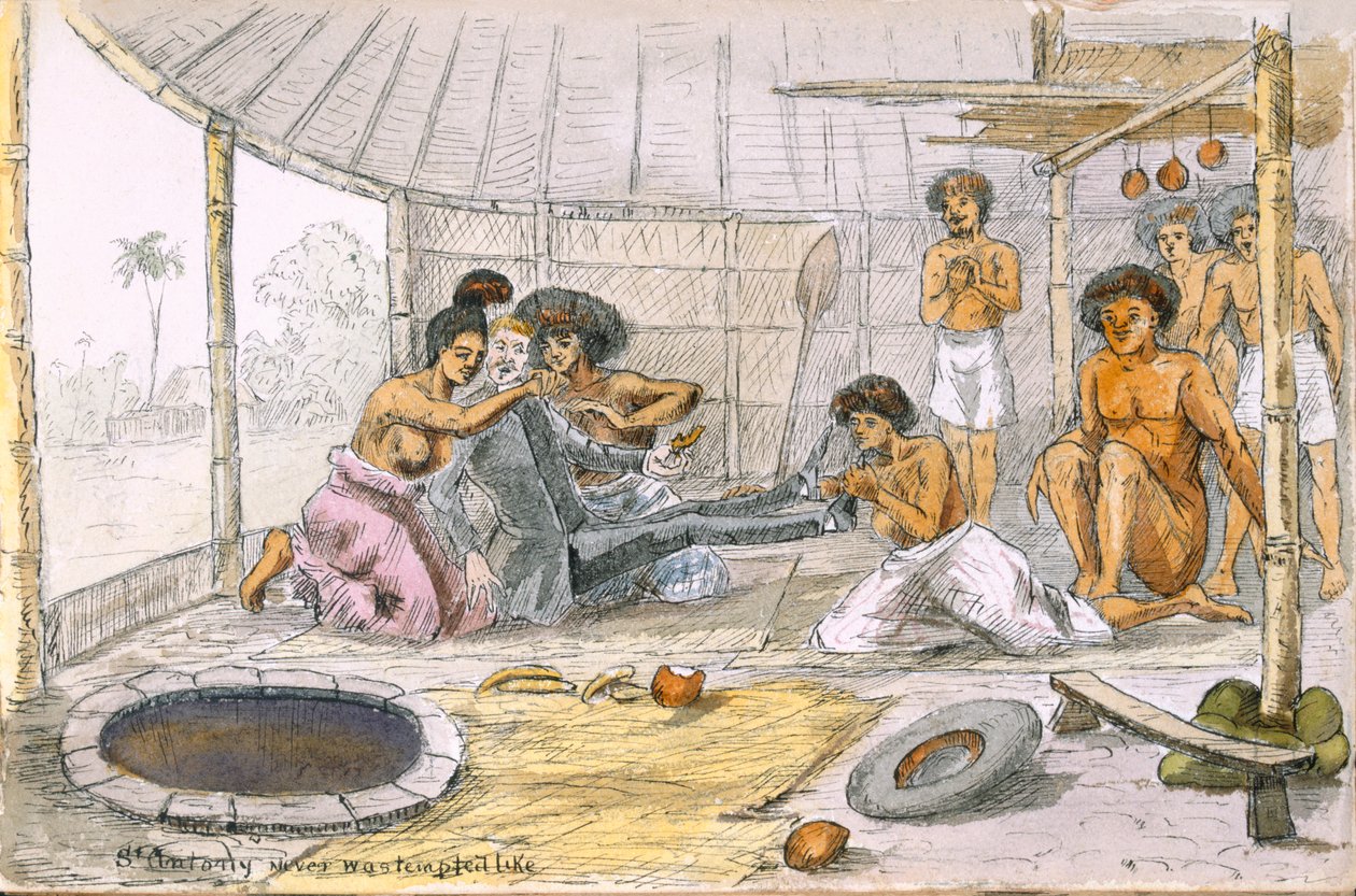 Św. Antoni nigdy nie był kuszony jak…, z „Pielgrzymki ye Revnd”. Simpleheart, Przygody naiwnego misjonarza na morzach południowych, ok. 1880 (pióro i toaleta na papierze) autorstwa English School