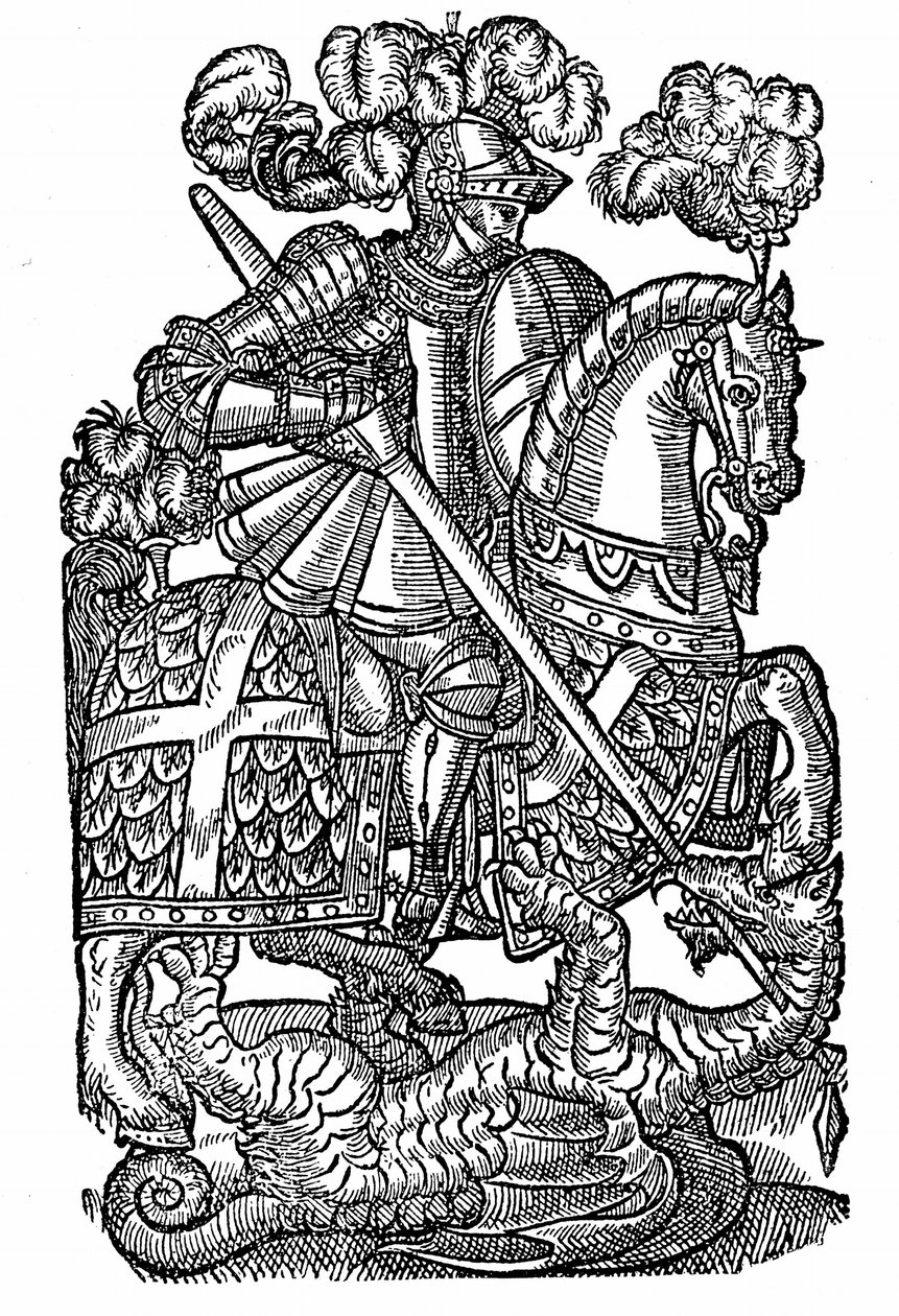 Święty Jerzy (zm. ok. 303 r.), rycerz Czerwonego Krzyża, zabijający smoka autorstwa English School