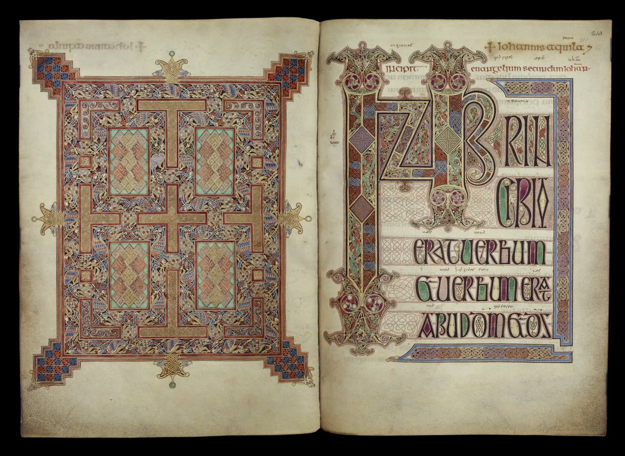 Ewangelia według św. Jana; strona dywanu i strona incipitu, Cotton Nero D. IV, f.210v i f.211r z Ewangelii Lindisfarne, 710-721 (welin) autorstwa English School