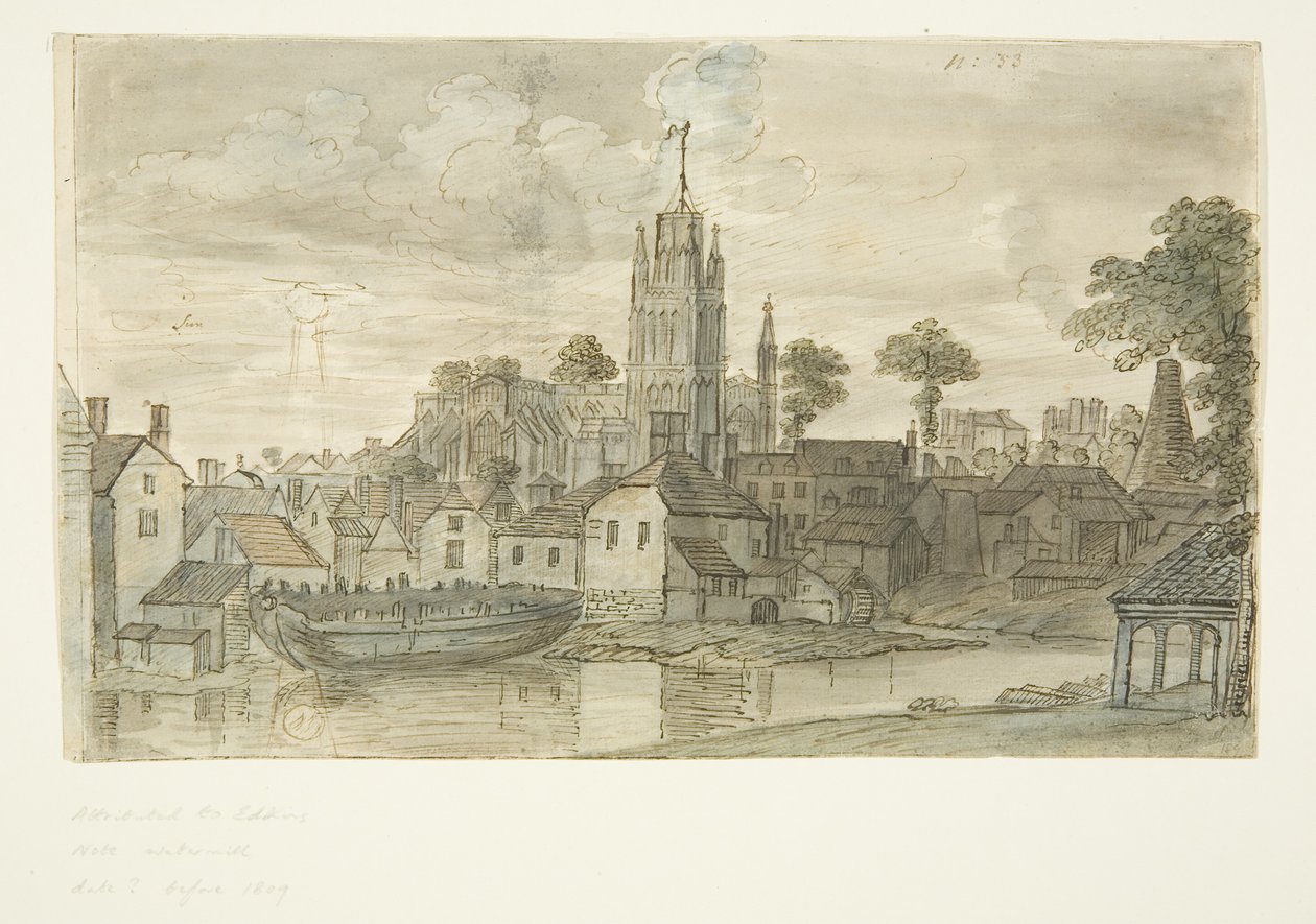Kościół St Mary Redcliffe z Redcliffe Back (z rysunkiem lwa na rewersie piórem i atramentem) (ołówek i akwarela na papierze) autorstwa English School