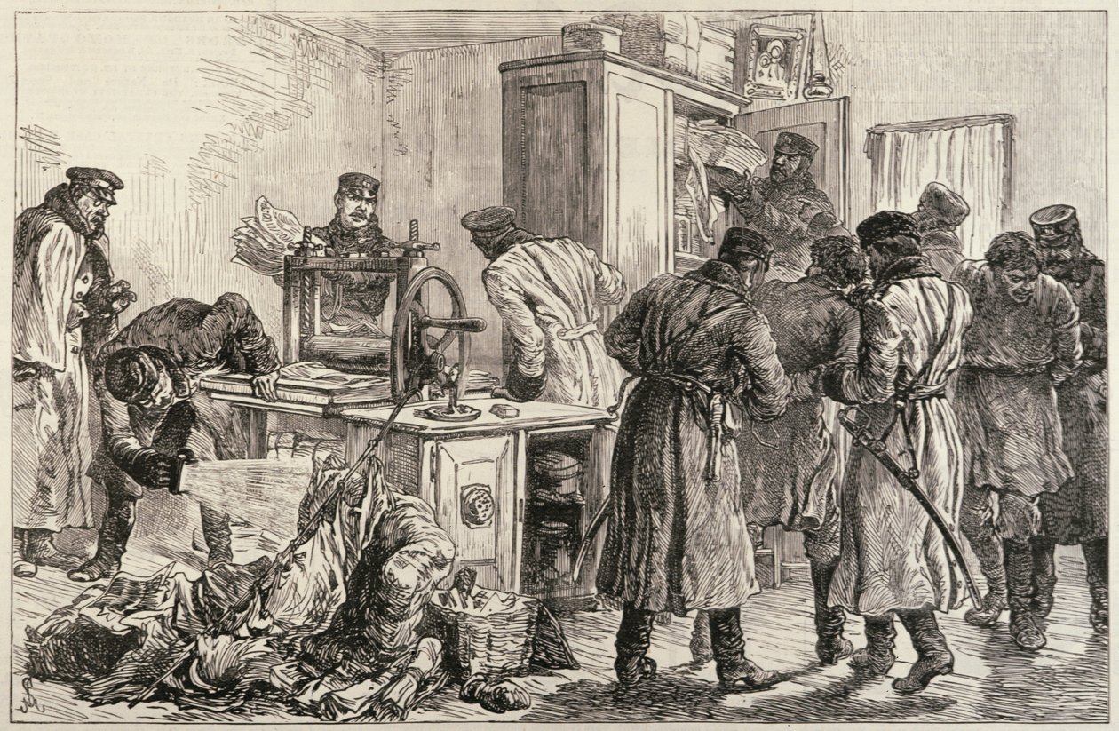 Petersburska policja odkrywa nihilistyczną prasę drukarską z „The Illustrated London News”, 16 kwietnia 1887 autorstwa English School